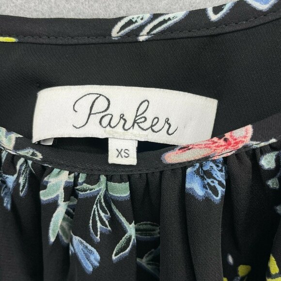 Parker 100% Silk Floral Agave Dress Womens XS Beach Boho Cold Shoulder Ruffle - Picture 3 of 10